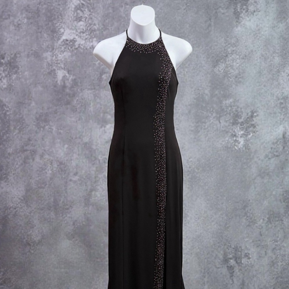 Vtg Y2K Zum Zum By Niki Livas Sz 3/4 Black Beaded Maxi Dress High Slit Prom Gown